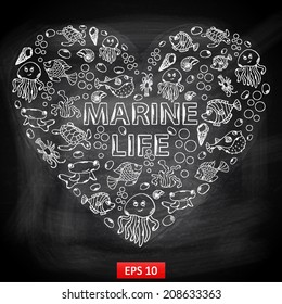 Chalk board Marine Life in the form of heart,themed design with elements: fish, turtle, shell, seaweed, jellyfish, coral, sea urchins, fish Hammer, lobster, bubbles in the shape of heart 