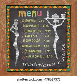 chalk board menu for cafe, bars, pizzerias, restaurants with dirty stains in old wooden frame. Inscriptions colored chalk with ornaments and pictures of women from ancient tribes.