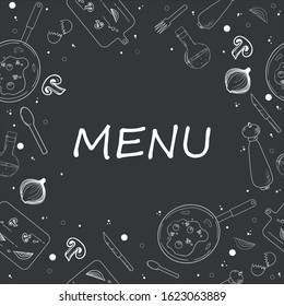 
chalk board menu onion mushrooms eggs pan spoon