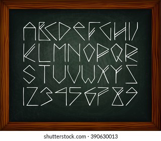 Chalk board with rune alphabet. The texture of chalk, wooden frame. The image can be used for your business, office, shop, cafe, design books, wedding decor