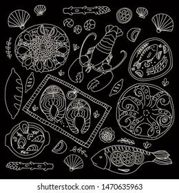 Chalk board sea food vector concept. Set of fish for menu . Salmon steak, lobster, oyesters, fried fish, octopus, mussels.