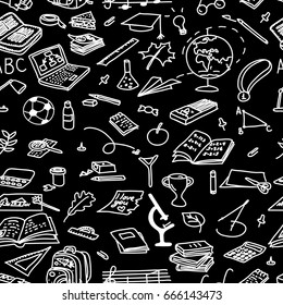 Chalk board style. back to school seamless pattern set. magnifying, medal, microscope, music, notebook, paints, paper, paperclip, pen, pencil pin plane Text For decoration hand drawn sketch doodle