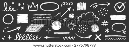 Chalk board underline arrow set. Chalk line hand drawn arrow doodle on chalkboard, blackboard texture. Scribble circle star, heart, crown cute school sign decoration background. Vector illustration