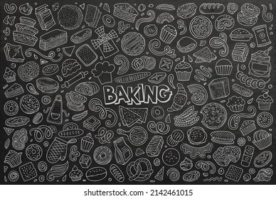 Chalk board vector hand drawn doodle cartoon set of bakery theme items, objects and symbols