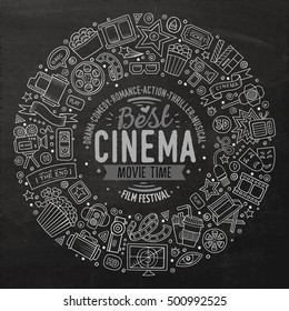 Chalk board vector hand drawn set of Cinema cartoon doodle objects, symbols and items. Round frame composition