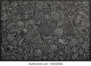 Chalk board vector hand drawn doodle cartoon set of New Year and Christmas objects and symbols