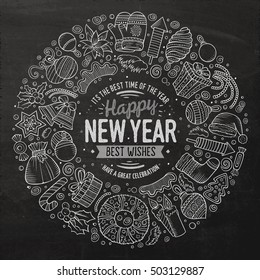 Chalk board vector hand drawn set of New Year cartoon doodle objects, symbols and items. Round frame composition
