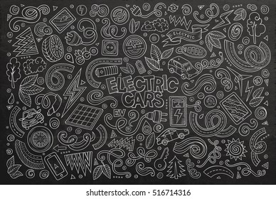 Chalk board vector hand drawn doodle cartoon set of Electric cars objects and symbol
