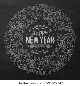 Chalk board vector hand drawn set of New Year cartoon doodle objects, symbols and items. Round frame composition