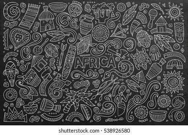 Chalk board vector hand drawn doodle cartoon set of Africa objects and symbols