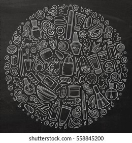 Chalk board vector hand drawn set of Manicure cartoon doodle objects, symbols and items. Round composition