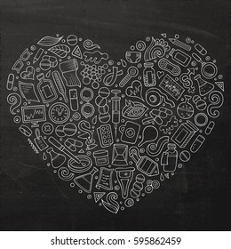 Chalk board vector hand drawn set of Medical cartoon doodle objects, symbols and items. Heart form composition