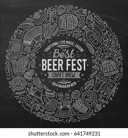 Chalk board vector hand drawn set of Beer fest cartoon doodle objects, symbols and items. Round frame composition