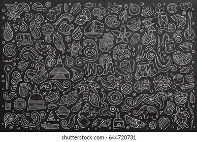 Chalk board vector hand drawn doodle cartoon set of Indian objects and symbols