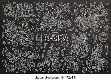 Chalk board vector hand drawn doodle cartoon set of Africa objects and symbols