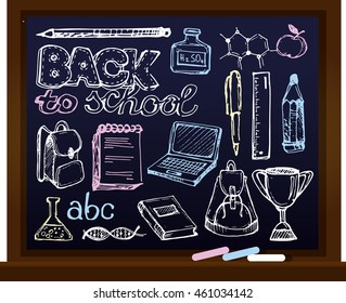 Chalk board vector illustration. Back to school big doodles set. Hand drawn with ink. Vector illustration.Freehand drawing school items. Back to School. 