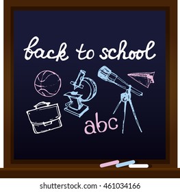 Chalk board vector illustration. Back to school big doodles set. Hand drawn with ink. Vector illustration.Freehand drawing school items. Back to School. 