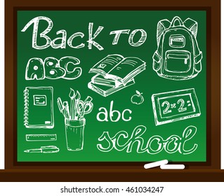 Chalk board vector illustration. Back to school big doodles set. Hand drawn with ink. Vector illustration.Freehand drawing school items. Back to School. 