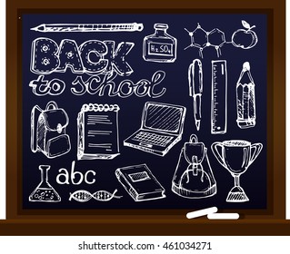 Chalk board vector illustration. Back to school big doodles set. Hand drawn with ink. Vector illustration.Freehand drawing school items. Back to School. 
