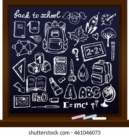 Chalk board vector illustration. Back to school big doodles set. Hand drawn with ink. Vector illustration.Freehand drawing school items. Back to School. 