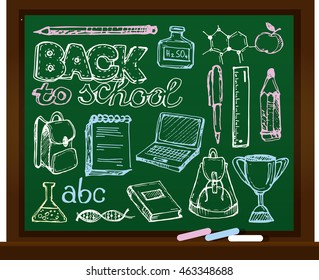 Chalk board vector illustration. Back to school big doodles set. Hand drawn with ink. Vector illustration.Freehand drawing school items. Back to School. 