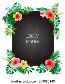 Chalk Board with watercolor flowers and leaves. Template for your design, vector illustration.