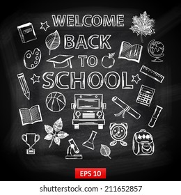 Chalk board Welcome back to school,with thematic elements:school bus,chemical flasks,apple,cup,graduate cap,pencil,book,microscope,alarm clock,autumn leaves,globe,a scroll,a ruler,a basketball