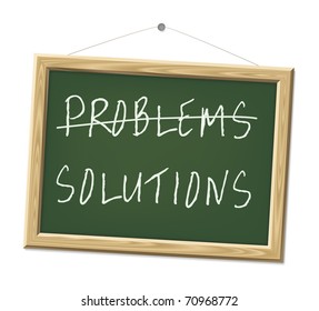 A chalk board with the words problems and solutions