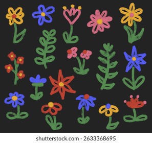 Chalk botanic bold floral elements. Grunge crayon textured branches, leaves, herbs, wild plants set. Hand drawn pencil blossom flowers collection. Kids freehand vintage vector illustration isolated