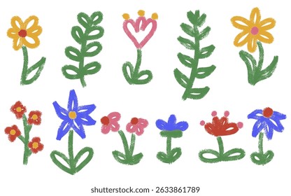 Chalk botanic bold floral elements. Grunge crayon textured branches, leaves, herbs, wild plants set. Hand drawn pencil blossom flowers collection. Kids freehand vintage vector illustration isolated