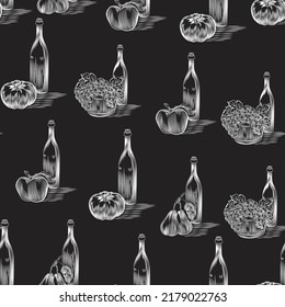 chalk bottle of Wine, cider, drink vector seamless pattern isolated on black background. Concept for menu, cards, print, cafe
