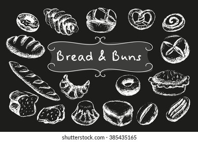 Chalk bread and buns set. White illustrations on dark background.