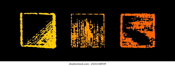 Chalk bright squares and boxes on black background. Crayon hand drawn yellow, orange, red pencil frames. Charcoal brush straight texture.