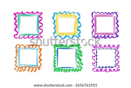 Chalk brush, crayon frame. Childish pencil border. Doodle picture. Vector art abstract collection of texture line. Grungy smear isolated. Hand drawing stamp. Vintage kid window