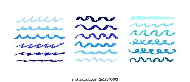 Chalk brush, crayon wave. Vector line collection. Childish pencil worn dividers. Art vintage marine graphic. Grungy smear isolated. Hand drawing element for highlight graphic decor