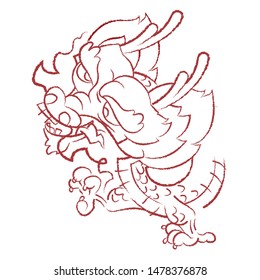 Chalk brush funny chinese dragon, Vector Line Art.