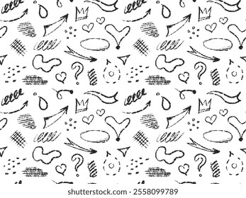 Chalk brush lines, arrows seamless pattern. Crayon grunge elements, circle, heart, abstract, square, frame, cross. Hand drawn pencil scribbles background. Cute print for t-shirt, apparel