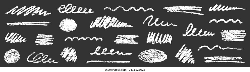 Chalk brush underline stroke set. Crayon marker highlight scribble stroke. Vector hand drawn brush underline element set for accent, crayon texture emphasis element. Rough chalk vector illustration