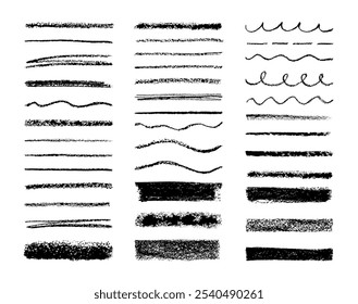 Cepillos de tiza. Trazos de textura de lápiz. Esboce subrayados de pluma grunge, Elementos de carbón, Formas de marcador y líneas. Textura de crayón de pincel dibujado a mano. Conjunto de Vector.