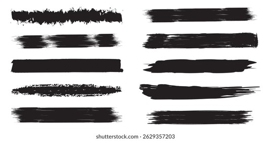 Juego de pinceles de tiza. Pintura de conjunto negro, pincel de tinta, pinceladas, pinceles, líneas, colección de pinceles sucios. Conjunto de texturas de trazo de pincel dibujado a mano.  Cuadros de texto de pincelada dibujados a mano en negro.