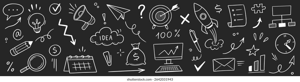 Chalk business board sketch icon set. Hand drawn chalkboard frame, bulb, puzzle and arrow for plan marketing idea. Business chart, pencil drawing, office success and internet. Vector illustration