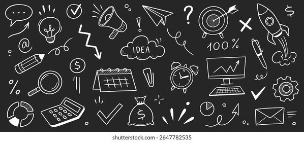 Chalk business board sketch icon set. Hand drawn chalkboard frame, bulb, puzzle and arrow for plan marketing idea. Business chart, pencil drawing, office success and internet. Vector illustration