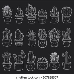 Chalk Cactus Potted Doodle Icons Hand Made vector illustration sketch.