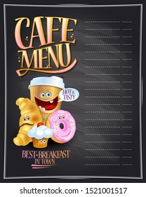 Chalk cafe menu board design with empty space for text and coffee, croissant, muffin and donut symbols as a cartoon personages