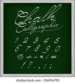  Chalk Calligraphic font on chalk board. Part 3/3 Numbers and symbols