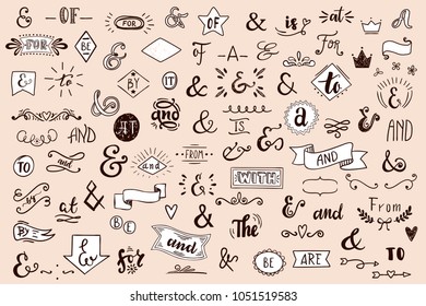 Chalk Catchwords, ribbons, ampersands design elements set. at, to, for, the, of, with, by, and, from. Retro vector set .