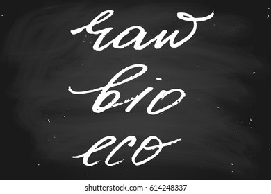 Chalk chalkboard blackboard food label handwriting raw bio eco handwritten text, chalk on a blackboard, vector. Each word is on the separate layer