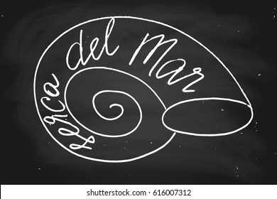 Chalk chalkboard blackboard spanish phrase sea lettering near the sea serca del mar handwritten text and hand drawn shell in chalk on a blackboard, vector. 