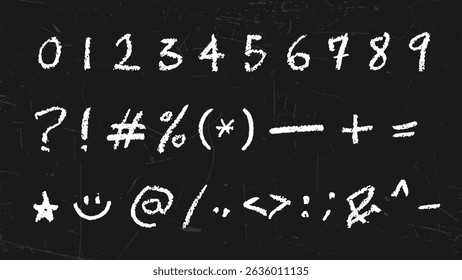 Chalk, charcoal brush texture numbers and symbols on grunge blackboard, vector illustration set. White crayon hand-drawn school education typography. Handwritten, brushstroke font, learning theme