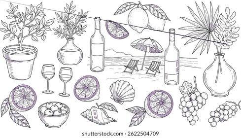 Chalk or charcoal frames for greeting cards, wedding and birthday party, picnic invitations in marine Mediterranean sea coastal style. 